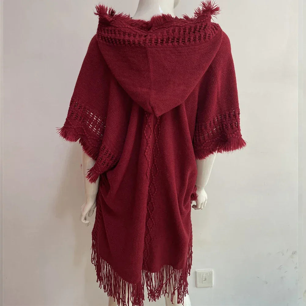 Women Knitted Cape Shawl Wrap Cloak Ethnic Hooded Poncho Hoody Jumper Sweater Tassels Dropshipping