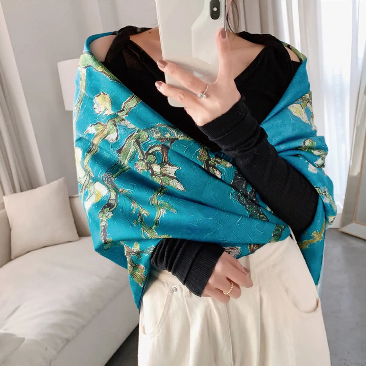 1 pcs 180x90cm Elegant Spring Autumn Silk Scarf Plum Blossom Print Long Shawl Fashionable Trendy Warm Necktie for Women