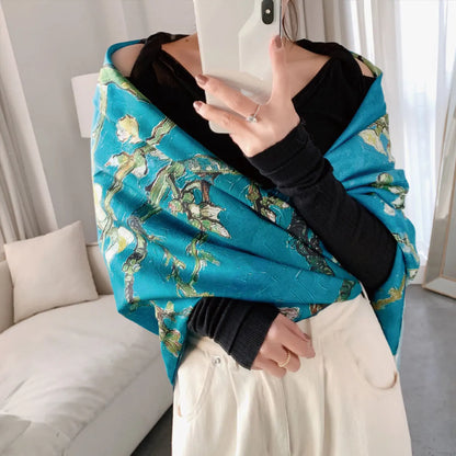 1 pcs 180x90cm Elegant Spring Autumn Silk Scarf Plum Blossom Print Long Shawl Fashionable Trendy Warm Necktie for Women