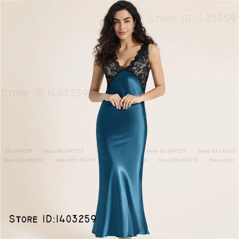 Elegant Female Long Nightgown Sleepwear Sexy Patchwork Lace Backless Nightdress Lingerie Summer New Silk Satin Homewear Nighty