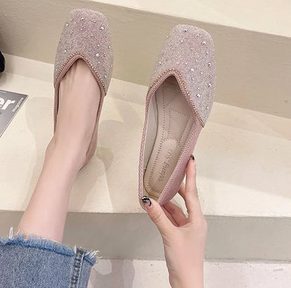 Shoes for Woman 2025 Diamond Flats Women's Summer Footwear Flat Square Toe Pink with Crystals Rhinestone Office 39 Beau Today E
