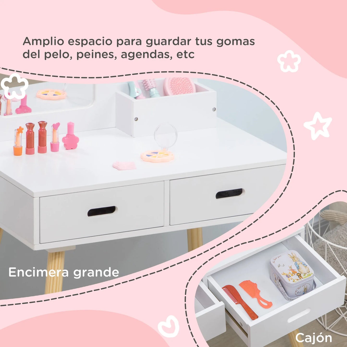 Zonekiz Dressing Table for Girls 3-6 Years Old with Stool and Mirror 60X40X95 cm White