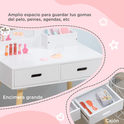 Zonekiz Dressing Table for Girls 3-6 Years Old with Stool and Mirror 60X40X95 cm White