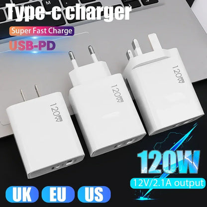 120W Fast Charger USB Type C PD Cable Fast Charging Quick Charge Adapter For iPhone 17 16 15 Pro Xiaomi Samsung Oneplus Huawei