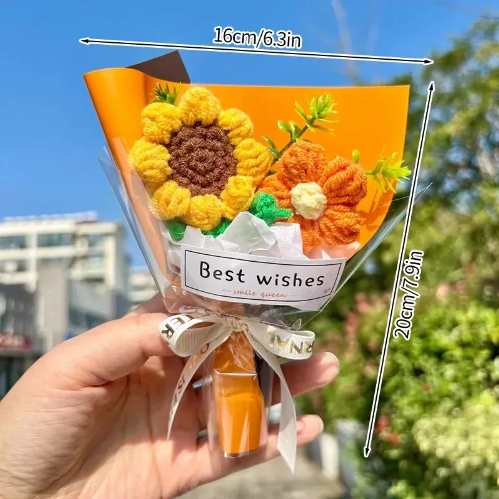 DTCTK Knitted Flower Bouquet Crochet Rose Flowers Hugging Bucket Christmas Gifts Living Room Desk Decoration Valentine's Day Gif