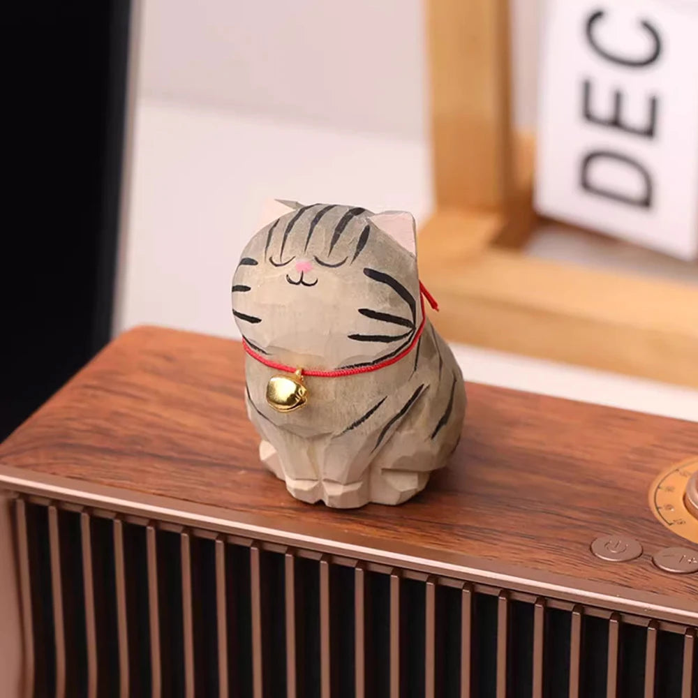 Cute Cat Animals Figurine Decorative Wooden  Ornament Kitten Statue Calico Golden gradient cat Home Office Desk Car Decor Gift