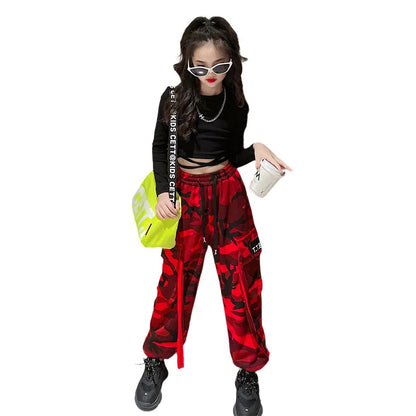 Pantalon camouflage pour filles, mode enfant décontractée, taille haute, jambes larges, collection printemps-automne 2025, tailles 8, 10, 12 et 14 ans.