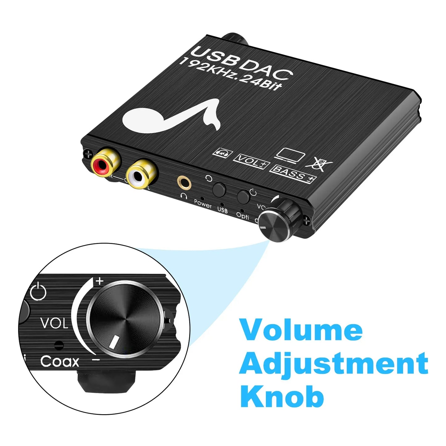 USB DAC 192kHz 24Bit Digital to Analog Converter with Bass&Volume Control Coaxial Toslink to Analog Stereo L/R RCA