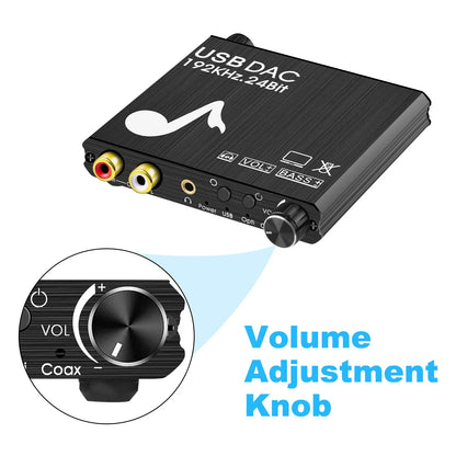 USB DAC 192kHz 24Bit Digital to Analog Converter with Bass&Volume Control Coaxial Toslink to Analog Stereo L/R RCA