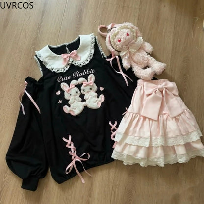 Japanese Sweet Lolita 2 Piece Sets Women Cute Bow Cartoon Bunny Off Shoulder T-shirts Pink Cake Mini Skirts Kawaii Y2k Outfits