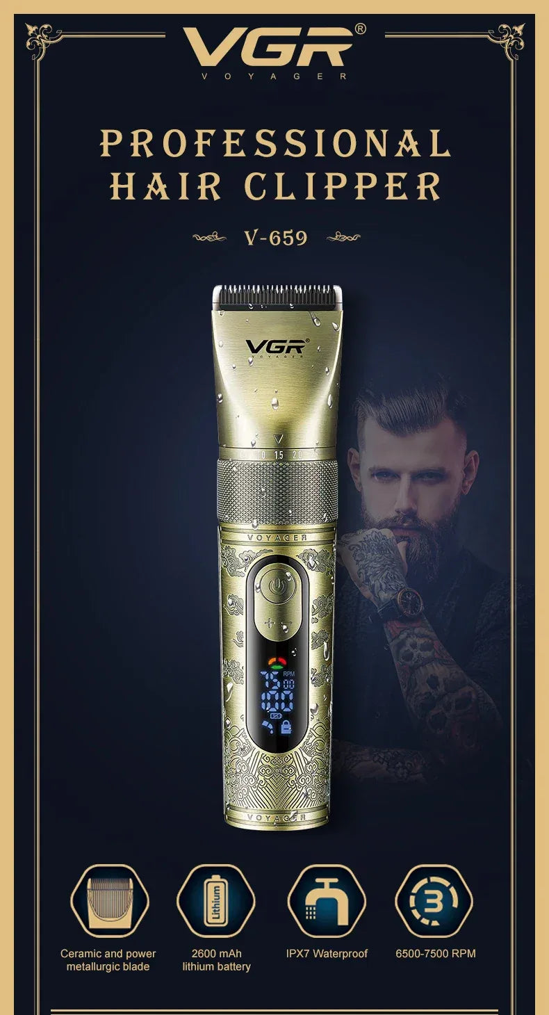 VGR intelligent digital hair clipper metal retro machine height endurance hair trimmer hair salon home carving push shear V-659