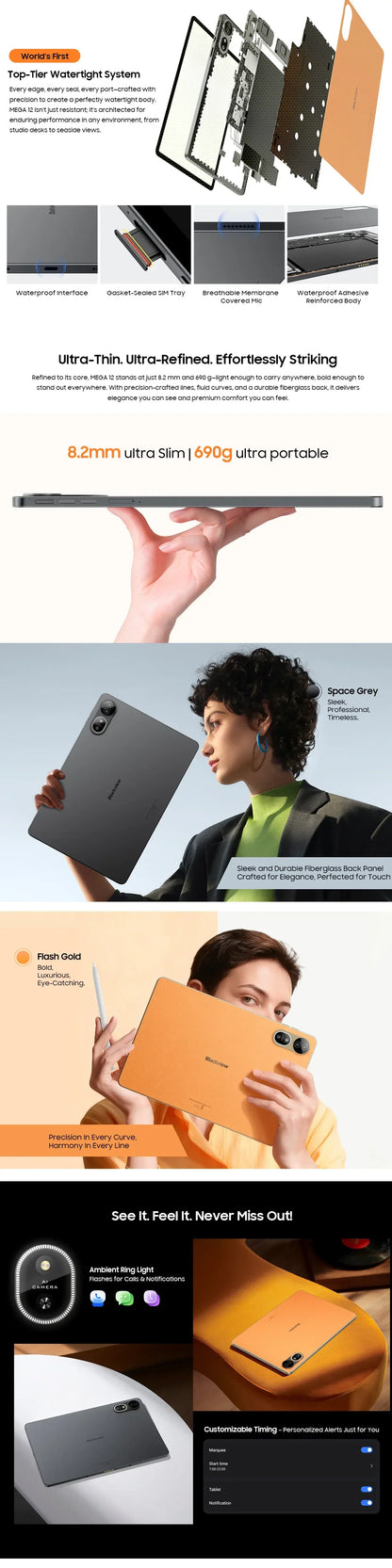 Blackview MEGA 12 Tablet 5G 12.2" 2.4K 120Hz Display Dimensity 7200 CPU IP69K Waterproof 50MP Camera 10000mAh Pad PC