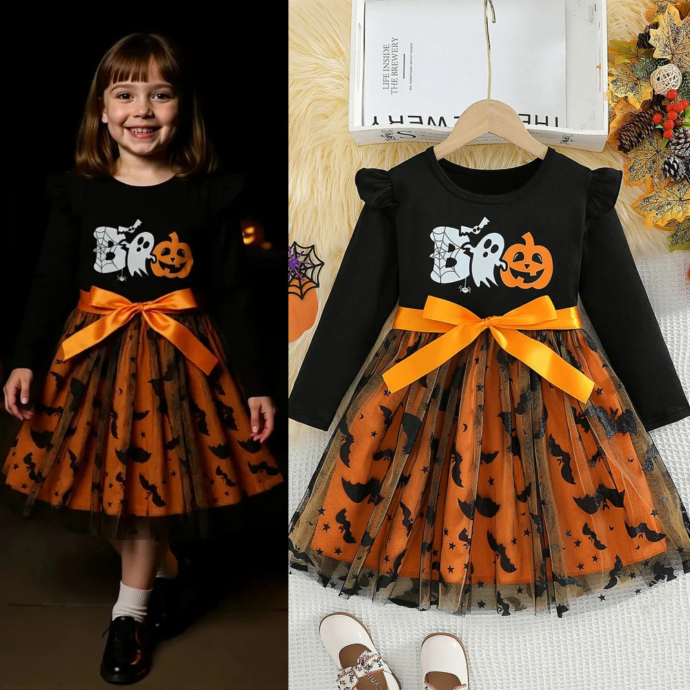 Prowow 2-8Y Kids Purple Halloween Dresses For Girls Long Sleeve Princess Mesh Spooky Spider Dress Children Halloween Costumes