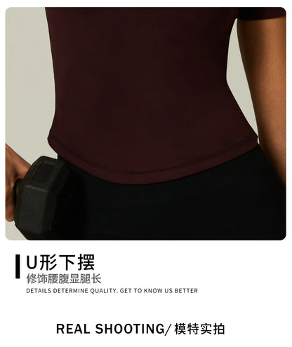 ZHEJIN Seamless Sports T-shirt Women Slim Fit Gym Workout Top Short Sleeve Yoga Shirt Curved Hem Breathable Athletic Sportswear