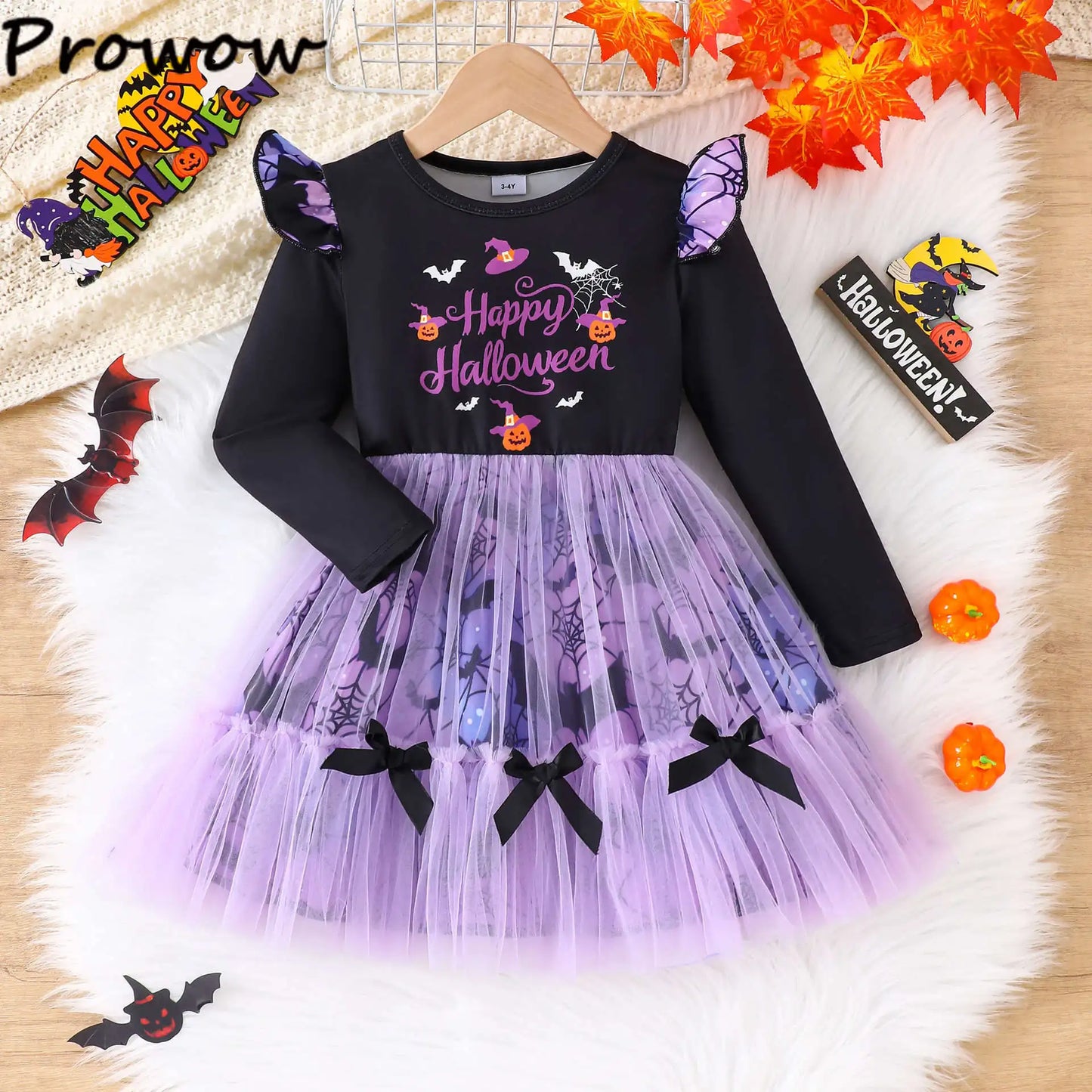 Prowow 2-8Y Kids Purple Halloween Dresses For Girls Long Sleeve Princess Mesh Spooky Spider Dress Children Halloween Costumes