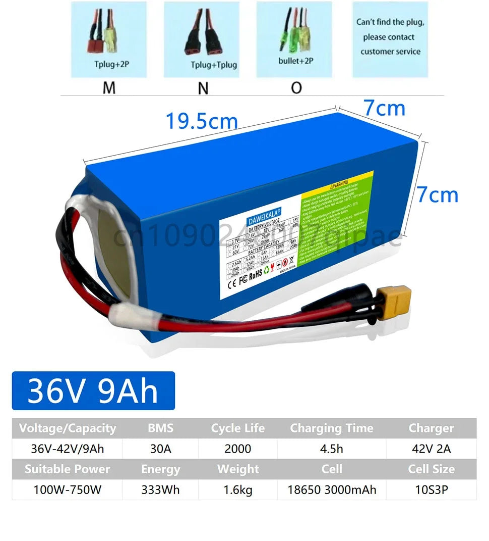36V 18AH 15AH 12AH 9AH Rechargeable Lithium Battery Pack 100-1300W Electric Motorcycle Scooter Bicycle with BMS Battery Pack