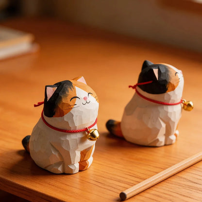 Cute Cat Animals Figurine Decorative Wooden  Ornament Kitten Statue Calico Golden gradient cat Home Office Desk Car Decor Gift