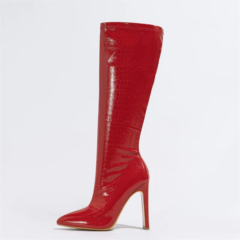 Hlieny Autumn Winter Fashion Women Knee High Motorcycle Boots Sexy Pointed Toe Square Heels Long Zipper Female Botas Shoes