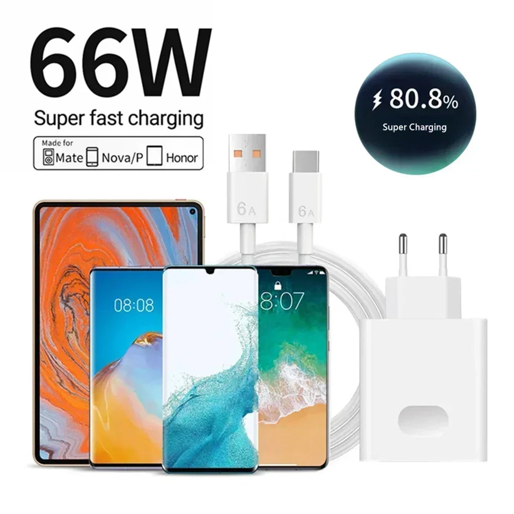 6A 66W Super Fast EU US Wall Charger Adapter 6A Type-C Cable For Huawei Mate 40 50 60 P50 Nova8 9 10 Honor 90 100 X7 X8 X9 Magic