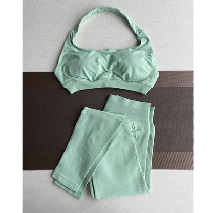 2 Pieces Yoga Gym Set Women Seamless Strappy Yoga Bra High Waist Workout Scrunch Shorts Sports Set Fitness Clothes Sportswear