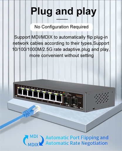 ONTi 2.5Gb Unmanaged Ethernet Switch 8 Port 2.5GBASE-T Network Switch with 10G SFP+ Port Plug and Play Fanless Homelab Switch