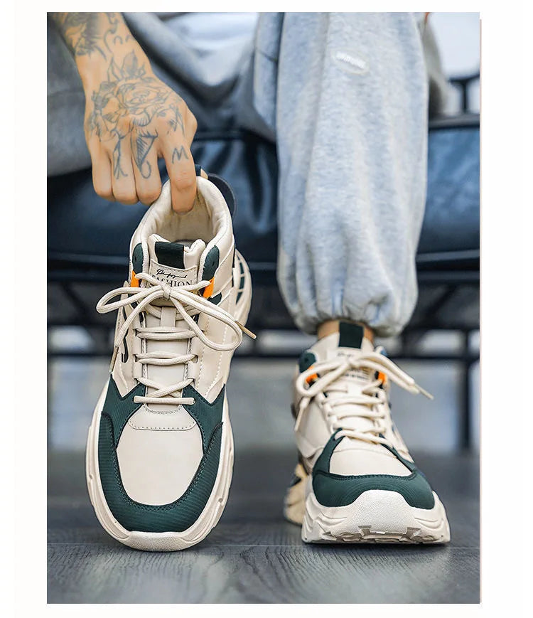Men's Spring Breathable High Top White Sports Shoes Trendy All-Match Thick Sole Leisure Dad Sneakers