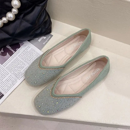 Shoes for Woman 2025 Diamond Flats Women's Summer Footwear Flat Square Toe Pink with Crystals Rhinestone Office 39 Beau Today E