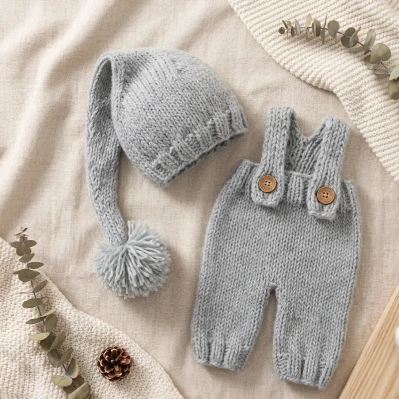 2pcs Newborn Baby Photography Props Knitted Romper Hat Set Handmade Photo Shoot Outfit Infant Studio Accessories Clothes