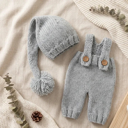 2pcs Newborn Baby Photography Props Knitted Romper Hat Set Handmade Photo Shoot Outfit Infant Studio Accessories Clothes