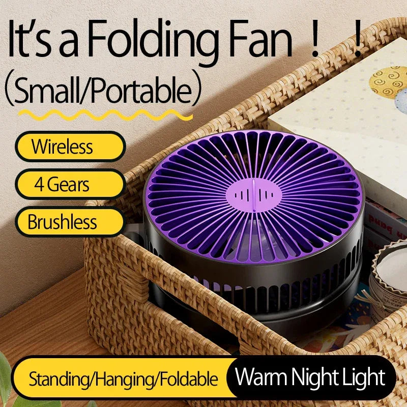 New 5000mAh Rechargeable 3IN1 Multifunctional Portable Fan Wall Mounted Fan 90° Folding Fan 4 Gears With Warm Night Light