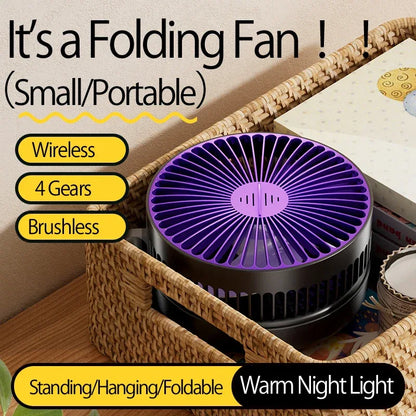 New 5000mAh Rechargeable 3IN1 Multifunctional Portable Fan Wall Mounted Fan 90° Folding Fan 4 Gears With Warm Night Light