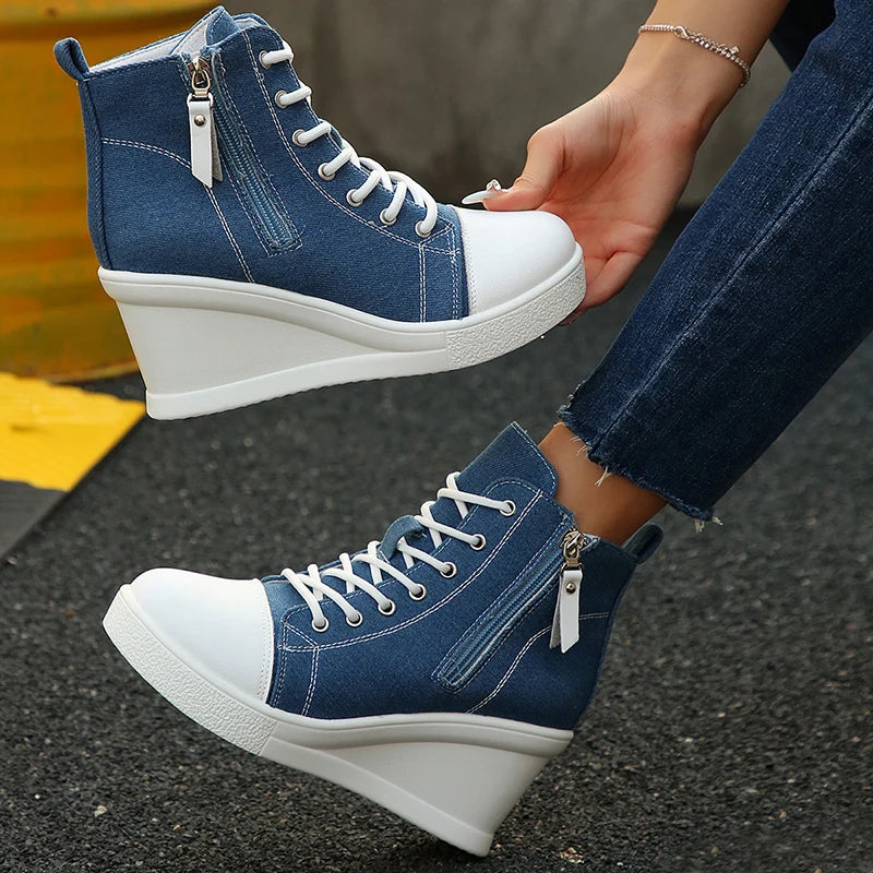 Women's Platform Wedge Heel High Top Sneakers Blue Denim Casual Canvas Shoes Woman Fashion Thick Sole Lace Up Vulcanized Shoes