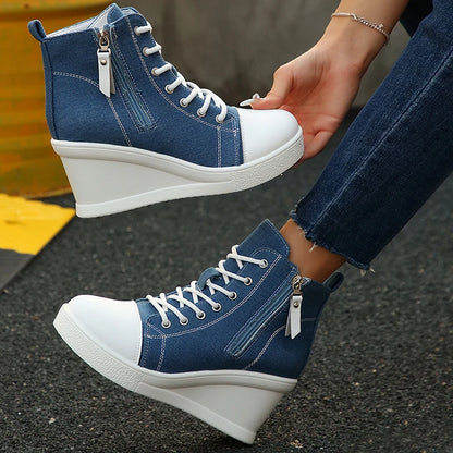 Women's Platform Wedge Heel High Top Sneakers Blue Denim Casual Canvas Shoes Woman Fashion Thick Sole Lace Up Vulcanized Shoes
