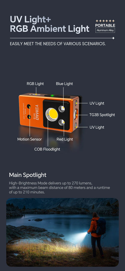 YEMAO M18 270LM Clip Pocket Flashlight 7 Color RGB Built-in 500mAh Battery Rechargeable 6 Light EDC Magnetic Sensor Lamp UVLight