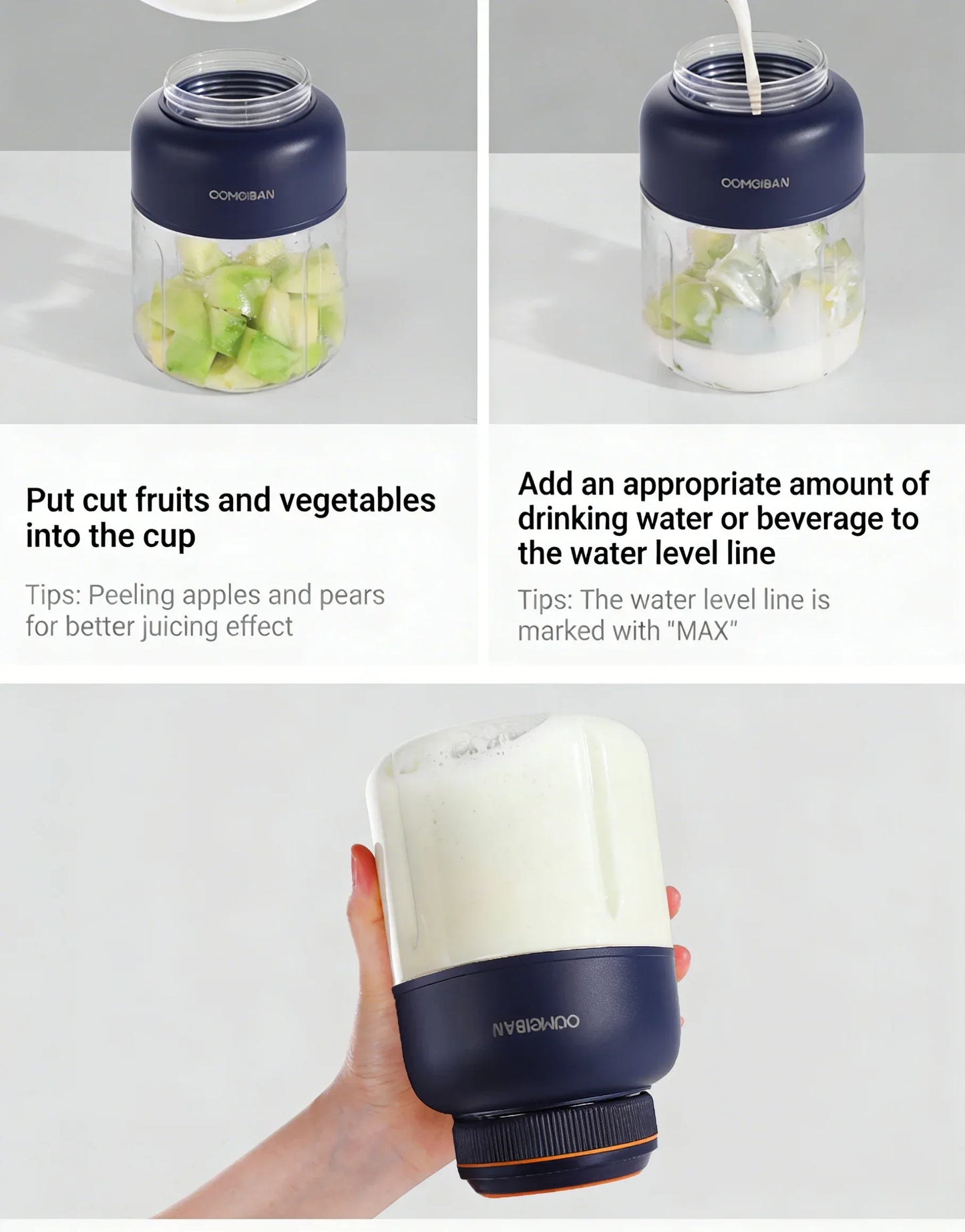 1300ML USB Rechargeable Portable Juicer, 46 Blades Fresh Fruit Mixer, Multifunctional Ice Crusher Smoothie Blender for Home