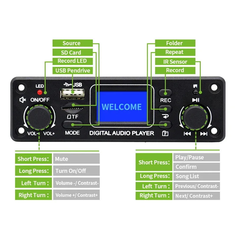 UNISIAN LCD Digital Audio Player Bluetooth MP3 Player Decoder Board 128*64 DOTS LCD USB SD BT FM Music Player Module TPM119B