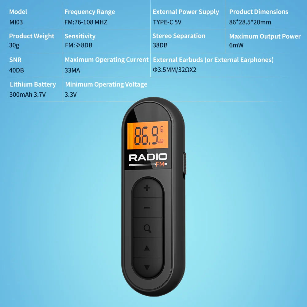 [Mini Portable FM Radio] Rechargeable Mini Portable FM Radio with Clip - Suitable for Meetings, Tours- Comes with Earphones
