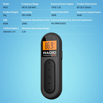 [Mini Portable FM Radio] Rechargeable Mini Portable FM Radio with Clip - Suitable for Meetings, Tours- Comes with Earphones