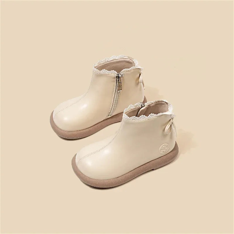 2024 New Autumn Children Boots Leather Girls Ankle Boots  Lace Butterfly-knot  Rubber Sole Fashion Toddler Kids Boots EU 21-30