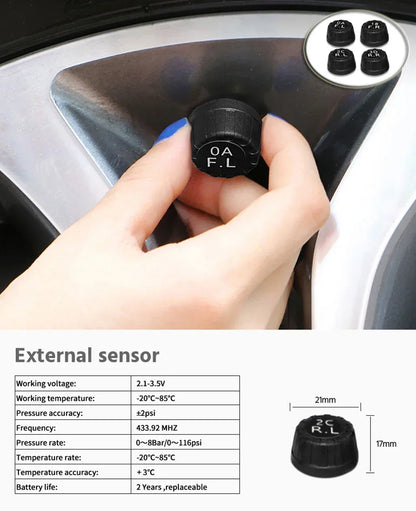 Wireless Solar Charging TPMS Real-time Monitoring with Electronic Clock Display 4 Sensors Tire Pressure Monitoring System