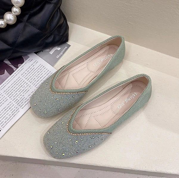 Shoes for Woman 2025 Diamond Flats Women's Summer Footwear Flat Square Toe Pink with Crystals Rhinestone Office 39 Beau Today E