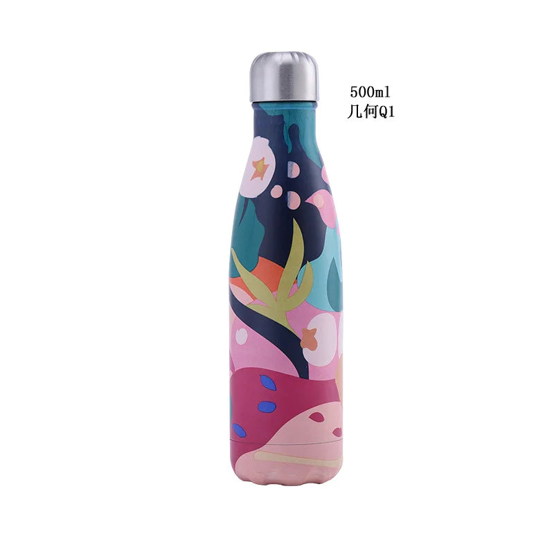 500ml Cola Shape Insulated Bottle, 304 Stainless Steel Vacuum Flask, Marble/Print Portable Water Bottle