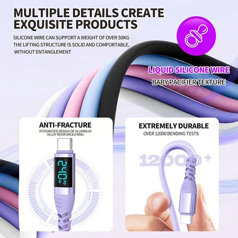 240W USB C Cable with Digital Display PD3.1 Fast Charging Cord for iPhone 17/1615 Pro Max Huawei Xiaomi iPad Laptop