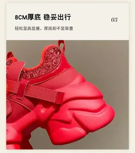 8CM Women Bling Red Chunky Sneakers Winter High Platform Warm Fur Shoes Ladies Wedges Casual Dad Shoes Leather Sports Sneakers