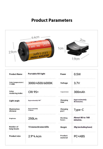 TTARTISAN RGB BI Fill Light Video Light Magnetic Mount Reteo Film Style Mini LED Light 0.5W 3000/4500/6000K CRI 95+ 300mAh TT