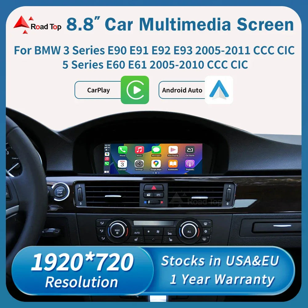 Road Top 8.8'' Wireless Carplay Android Auto Multimedia Display Screen For BMW 3 Series E90 E91 E92 E93 5 Series E60 E61 CCC CIC