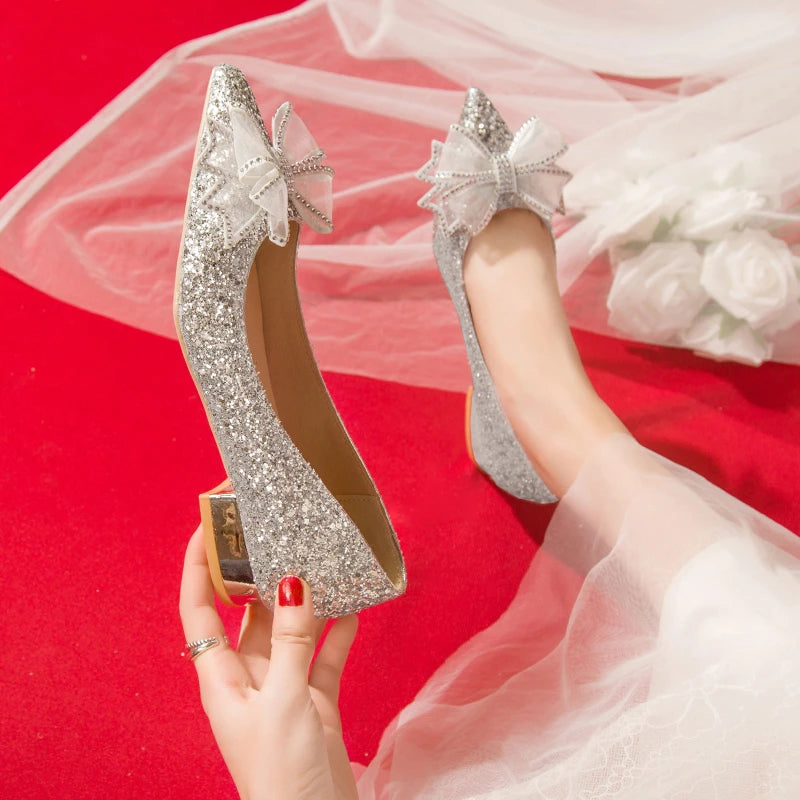 Crystal Butterfly-knot Flat Wedding Shoes Slip  Shoes Women Shiny Gold Silver Bridal Shoes Beaded  Flat Heels Med (3cm-5cm)