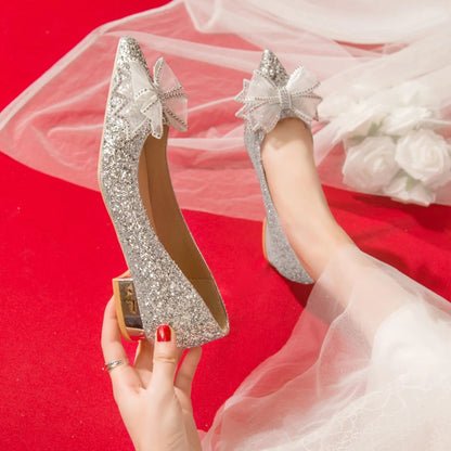 Crystal Butterfly-knot Flat Wedding Shoes Slip  Shoes Women Shiny Gold Silver Bridal Shoes Beaded  Flat Heels Med (3cm-5cm)
