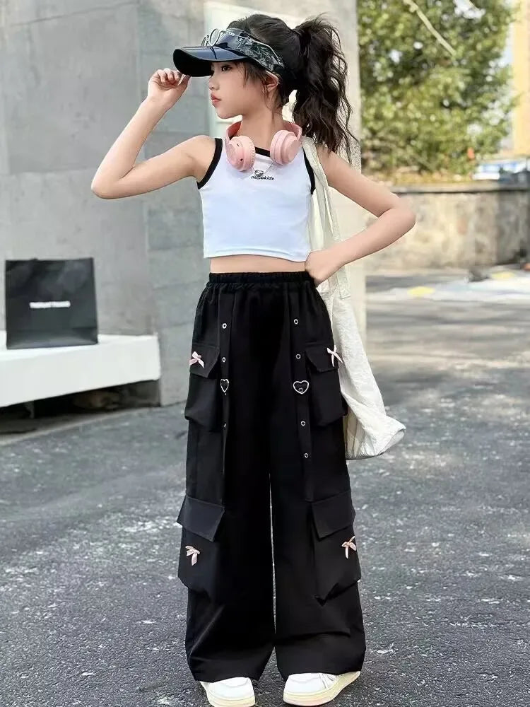 Kids Cargo Pants with Side Pocket for Tweens Girl High Fashion Hip Hop Bow Trousers Child Street  Pink Black Trackpants Hot Sell