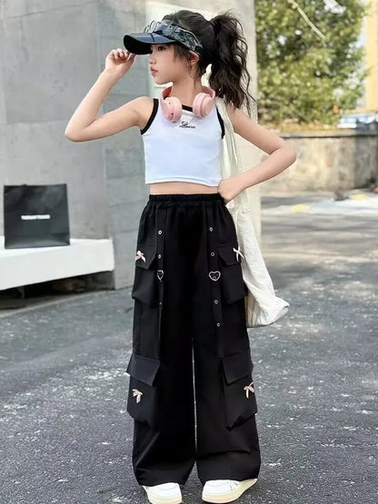 Kids Cargo Pants with Side Pocket for Tweens Girl High Fashion Hip Hop Bow Trousers Child Street  Pink Black Trackpants Hot Sell